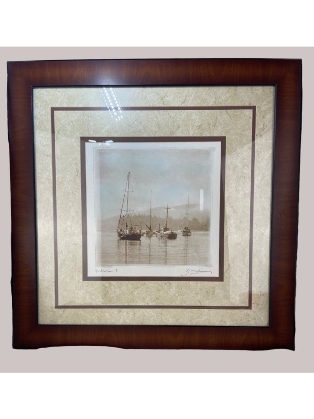 Sea Sailboats Picture Beautifully Framed Matted Print 15 1/2" X 15 1/2"